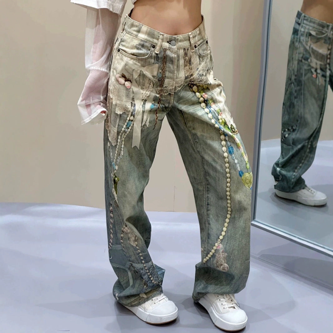 Vintage 3D Print Pearl Chain Curved Baggy Wide Leg Jeans Streetwear
