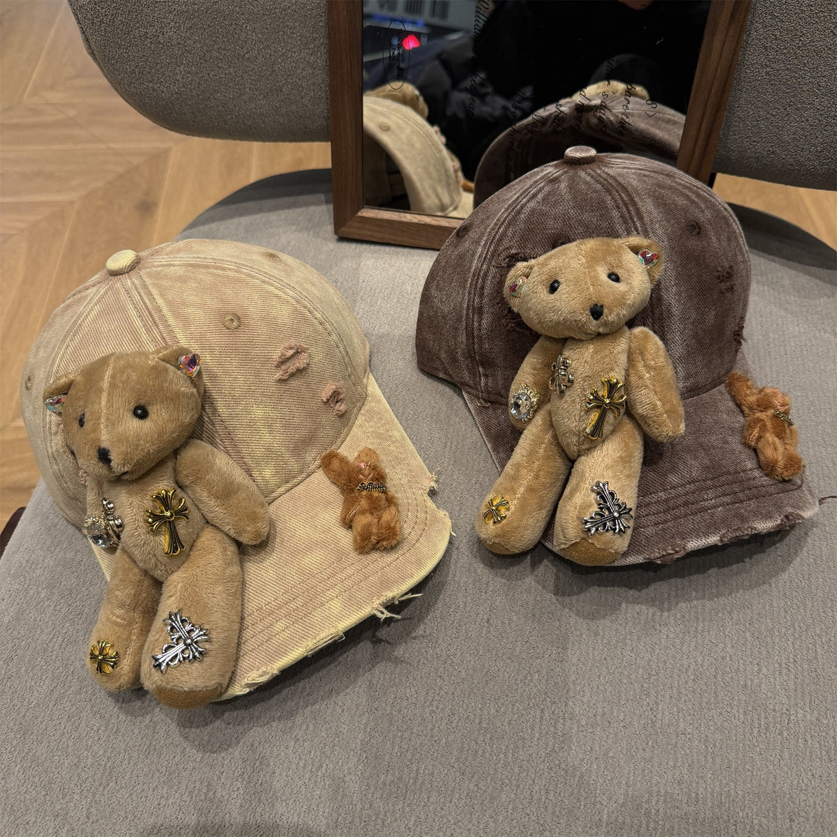 Vintage Washed Plush Bear Cross Rhinestone Baseball Cap Y2K Streetwear