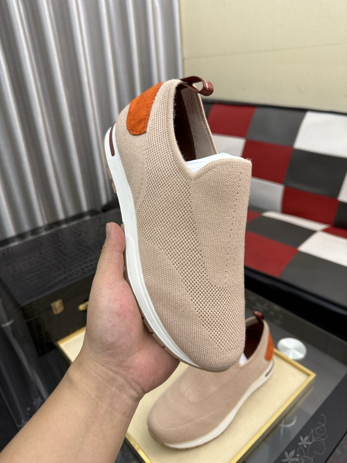 Men's Beige Slip-On Sneakers with Orange-Brown Heel Accent
