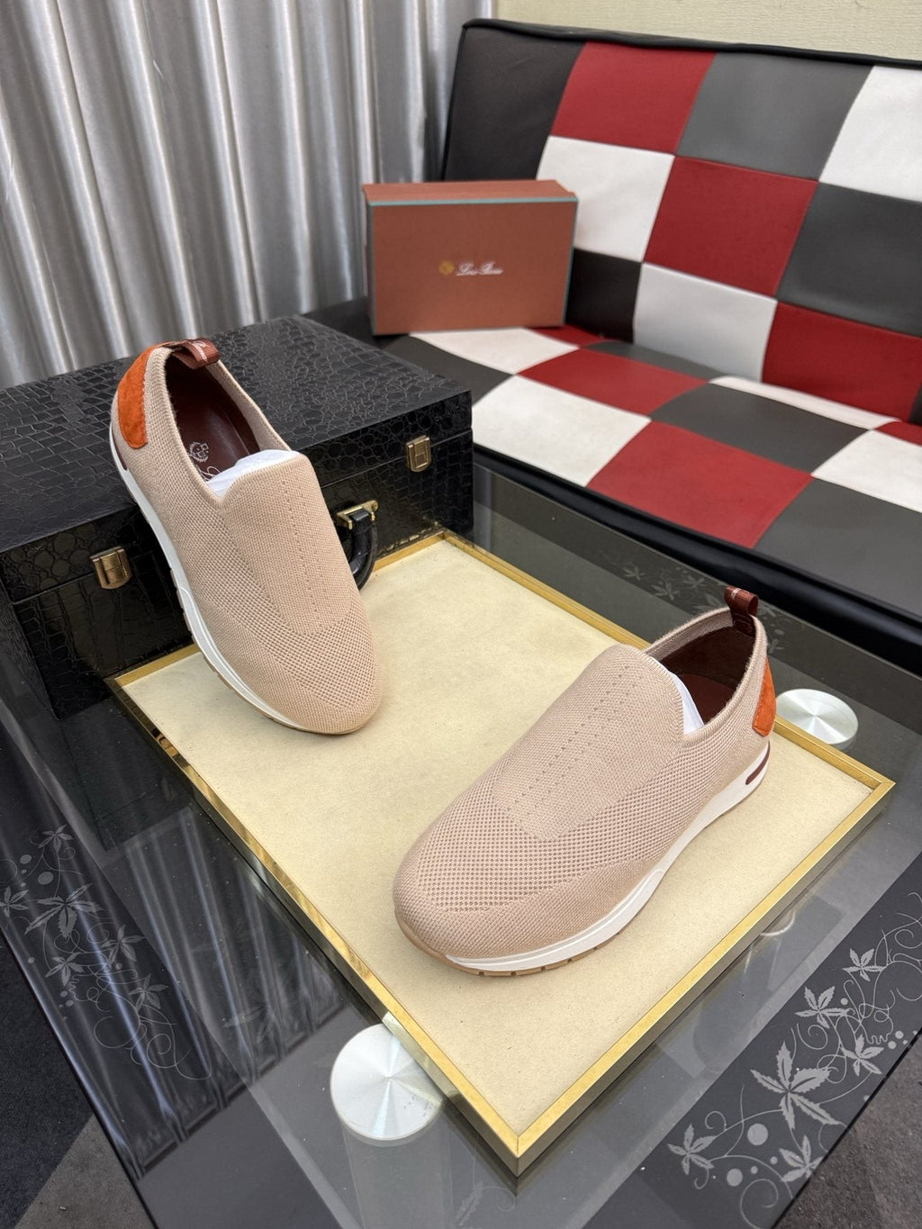 Men's Beige Slip-On Sneakers with Orange-Brown Heel Accent