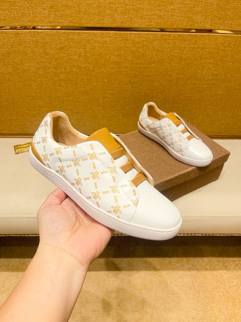 Beige Patterned Gold Stripe Low-Top Sneakers