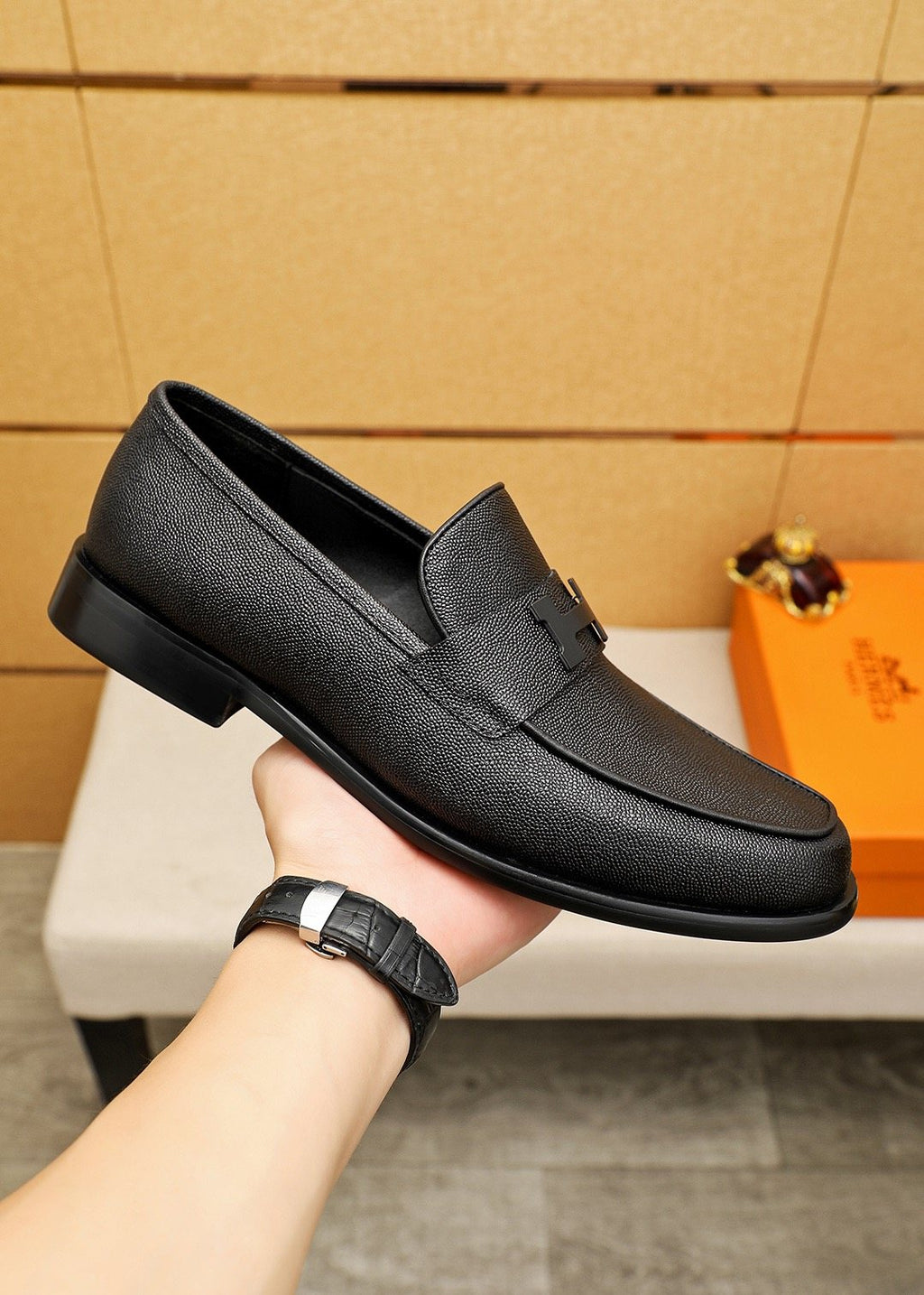 Hermès Black Textured Leather Loafers