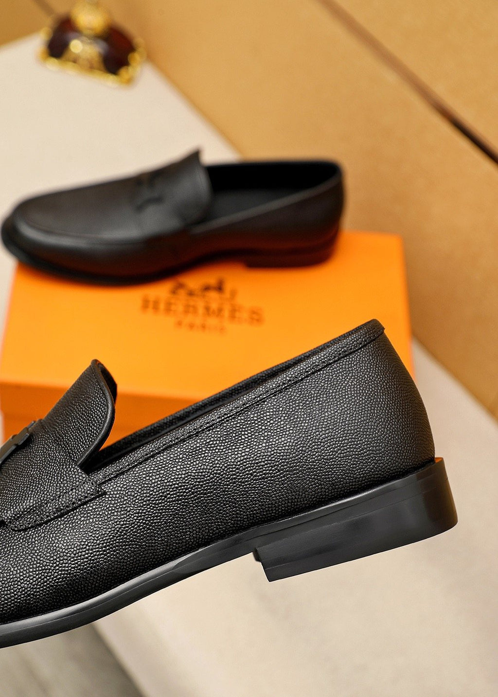 Hermès Black Textured Leather Loafers