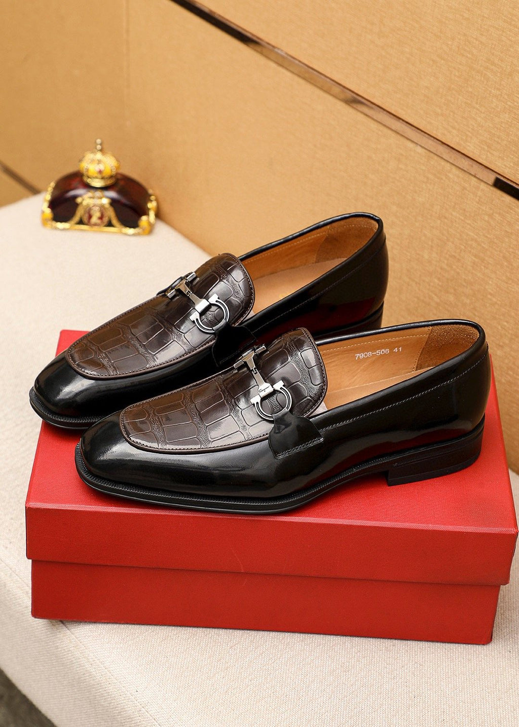 Ferragamo Embossed Bit Loafers - Dark Brown and Black
