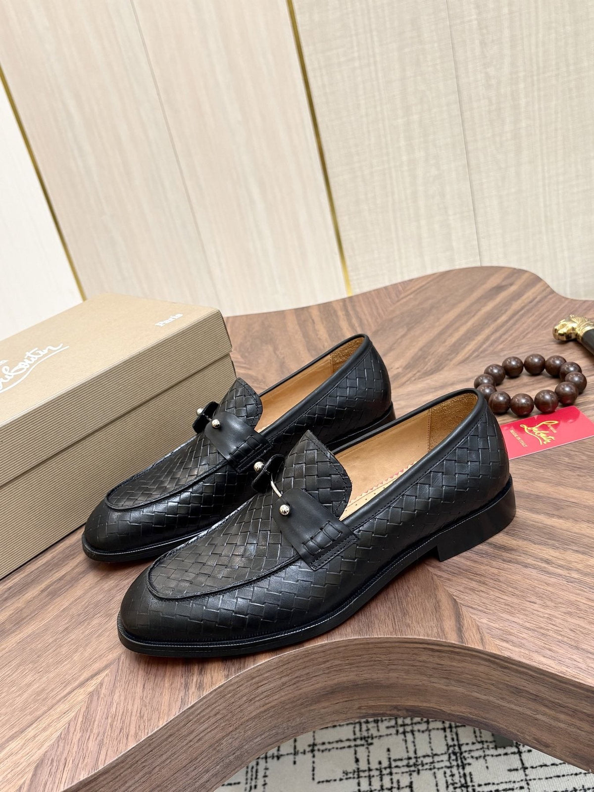 Christian Louboutin Black Woven Leather Loafers