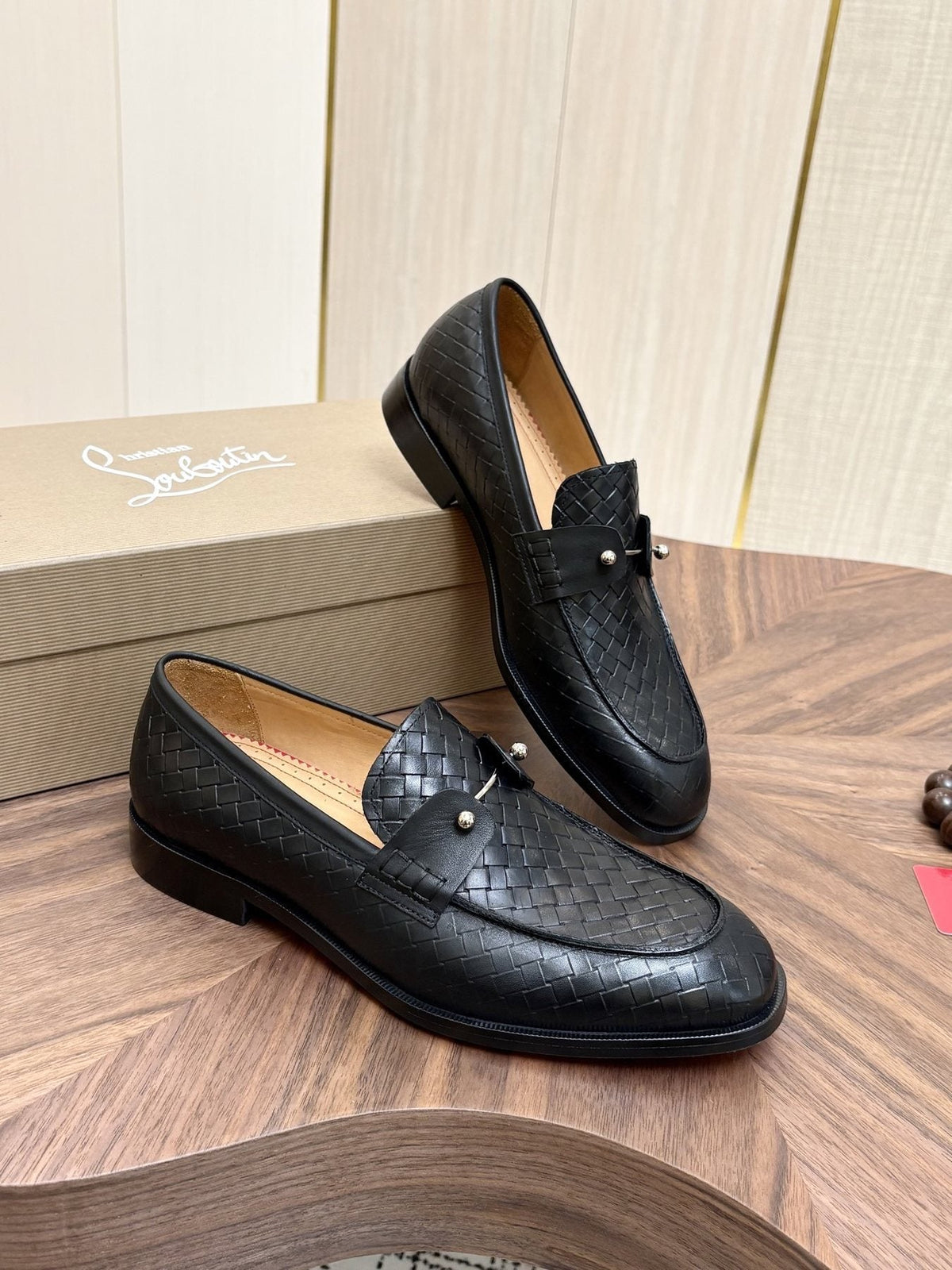 Christian Louboutin Black Woven Leather Loafers